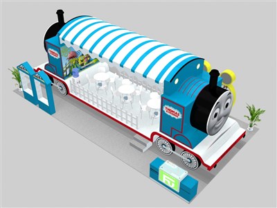 72平米展臺(tái)設(shè)計(jì)制作：四面開口/卡通/木質(zhì)結(jié)構(gòu)/藍(lán)色，為玩具展展商而作（免費(fèi)使用）