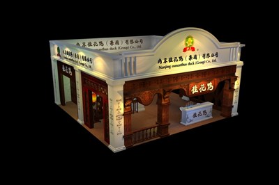 64平米展臺設計制作：二面開口/現(xiàn)代/木質結構/白色，為食品展展商而作（免費使用）