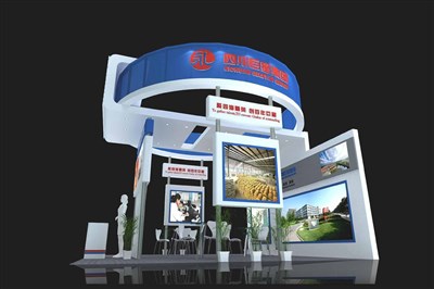 36平米展臺設(shè)計制作：三面開口/現(xiàn)代/木質(zhì)結(jié)構(gòu)/藍(lán)色，為食品展展商而作（免費使用）