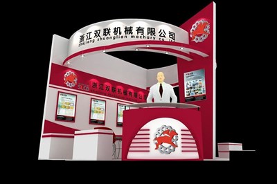 18平米展臺設計制作：二面開口/前衛(wèi)/木質(zhì)結(jié)構(gòu)/紅色，為機械展展商而作（免費使用）