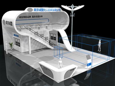 108平米展臺設(shè)計(jì)制作：三面開口/現(xiàn)代/雙層結(jié)構(gòu)/白色，為汽配展展商而作（免費(fèi)使用）