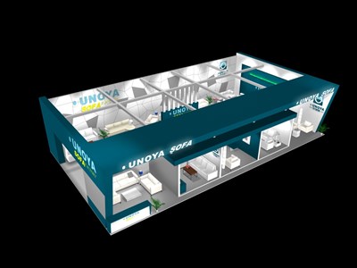 90平米展臺設(shè)計(jì)制作：二面開口/現(xiàn)代/型材結(jié)構(gòu)/藍(lán)色，為家具展展商而作（免費(fèi)使用）