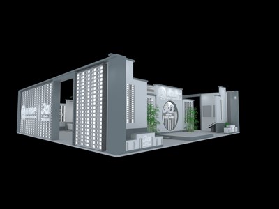 132平米展臺(tái)設(shè)計(jì)制作：三面開口/前衛(wèi)/型材結(jié)構(gòu)/灰色，為房產(chǎn)展展商而作（免費(fèi)使用）