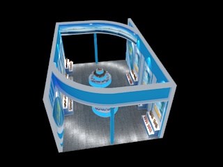 54平米展臺(tái)設(shè)計(jì)制作：二面開口/前衛(wèi)/木質(zhì)結(jié)構(gòu)/藍(lán)色，為旅游展展商而作（免費(fèi)使用）